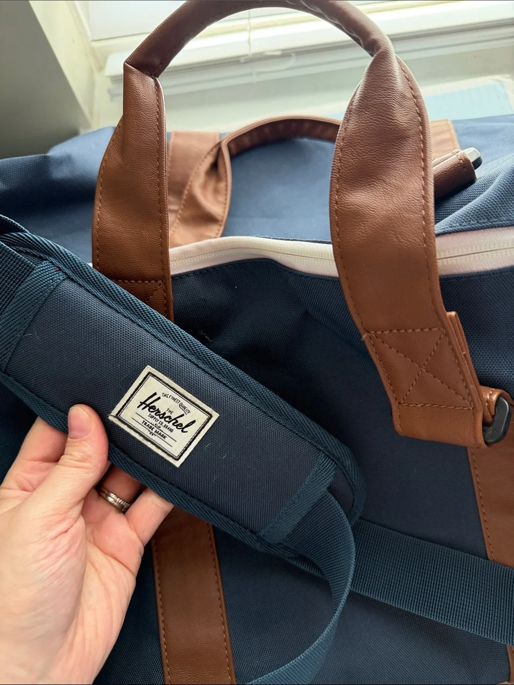 Herschel Supply Company Navy and Brown Leather-Trim Duffel Bag
